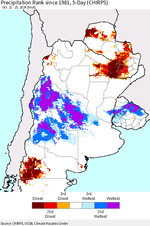Southern South America Precipitation Rank since 1981, 5-Day (CHIRPS) Thematic Map For 10/21/2024 - 10/25/2024