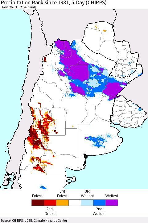 Southern South America Precipitation Rank since 1981, 5-Day (CHIRPS) Thematic Map For 11/26/2024 - 11/30/2024