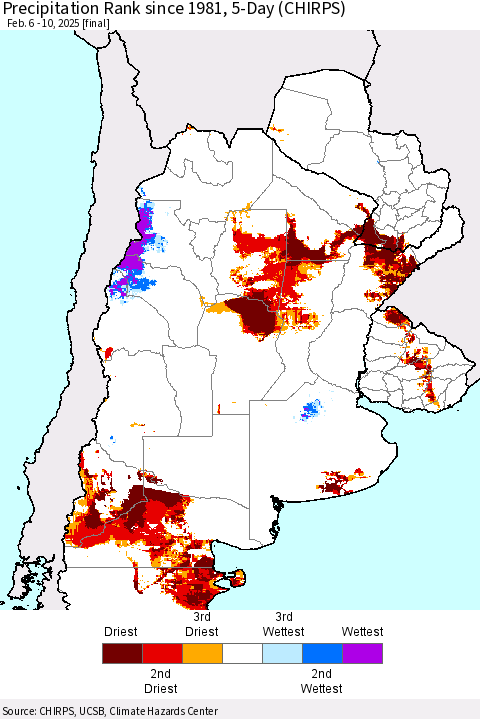 Southern South America Precipitation Rank since 1981, 5-Day (CHIRPS) Thematic Map For 2/6/2025 - 2/10/2025