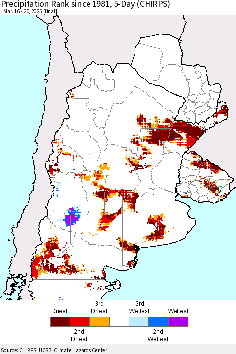 Southern South America Precipitation Rank since 1981, 5-Day (CHIRPS) Thematic Map For 3/16/2025 - 3/20/2025