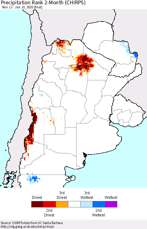 Southern South America Precipitation Rank since 1981, 2-Month (CHIRPS) Thematic Map For 11/11/2019 - 1/10/2020