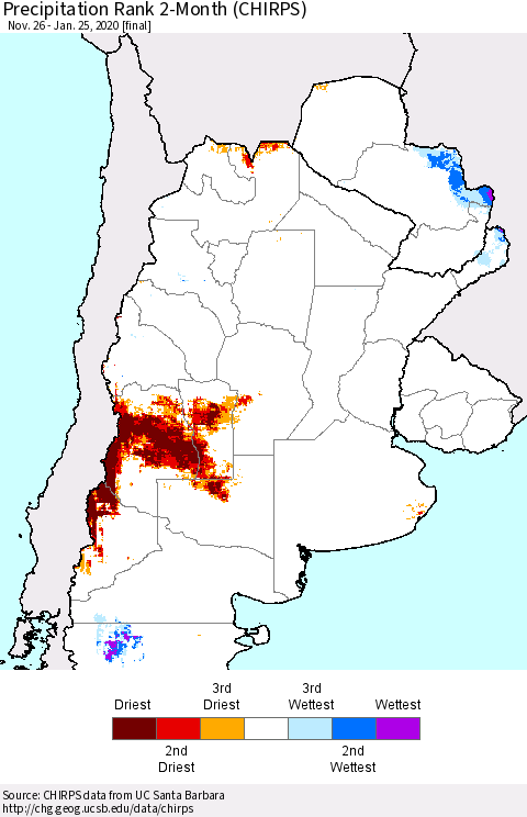 Southern South America Precipitation Rank since 1981, 2-Month (CHIRPS) Thematic Map For 11/26/2019 - 1/25/2020