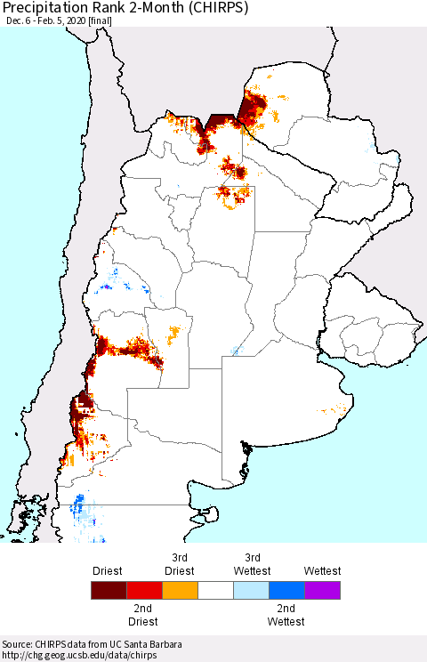 Southern South America Precipitation Rank since 1981, 2-Month (CHIRPS) Thematic Map For 12/6/2019 - 2/5/2020