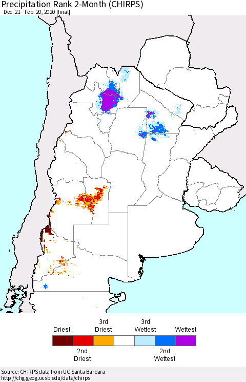 Southern South America Precipitation Rank since 1981, 2-Month (CHIRPS) Thematic Map For 12/21/2019 - 2/20/2020