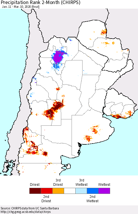Southern South America Precipitation Rank since 1981, 2-Month (CHIRPS) Thematic Map For 1/11/2020 - 3/10/2020