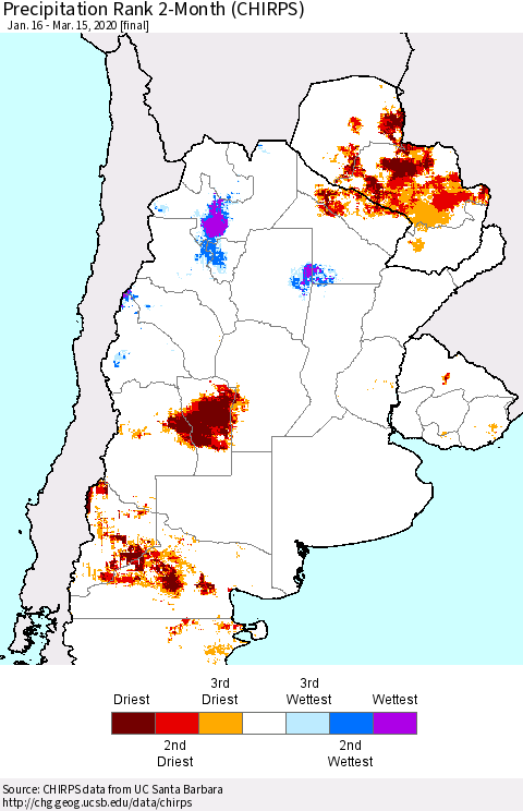 Southern South America Precipitation Rank since 1981, 2-Month (CHIRPS) Thematic Map For 1/16/2020 - 3/15/2020