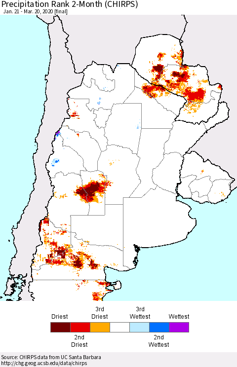 Southern South America Precipitation Rank since 1981, 2-Month (CHIRPS) Thematic Map For 1/21/2020 - 3/20/2020