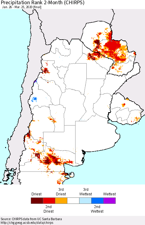 Southern South America Precipitation Rank since 1981, 2-Month (CHIRPS) Thematic Map For 1/26/2020 - 3/25/2020