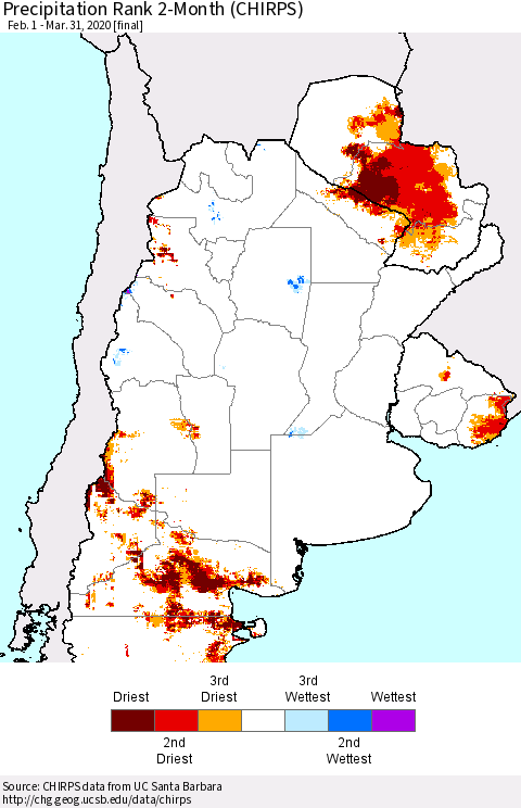 Southern South America Precipitation Rank since 1981, 2-Month (CHIRPS) Thematic Map For 2/1/2020 - 3/31/2020