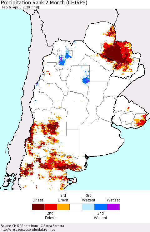 Southern South America Precipitation Rank since 1981, 2-Month (CHIRPS) Thematic Map For 2/6/2020 - 4/5/2020