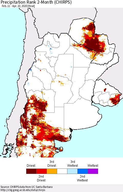Southern South America Precipitation Rank since 1981, 2-Month (CHIRPS) Thematic Map For 2/11/2020 - 4/10/2020