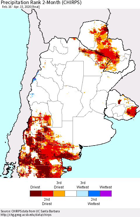 Southern South America Precipitation Rank since 1981, 2-Month (CHIRPS) Thematic Map For 2/16/2020 - 4/15/2020