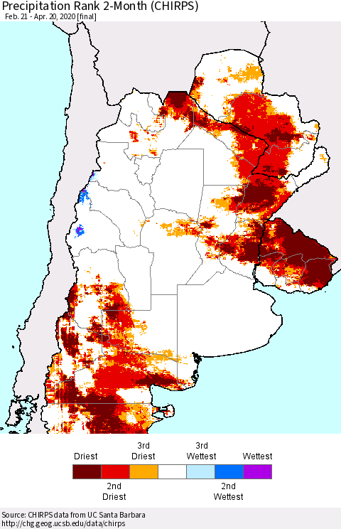 Southern South America Precipitation Rank since 1981, 2-Month (CHIRPS) Thematic Map For 2/21/2020 - 4/20/2020