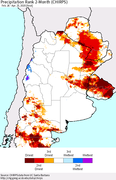 Southern South America Precipitation Rank since 1981, 2-Month (CHIRPS) Thematic Map For 2/26/2020 - 4/25/2020