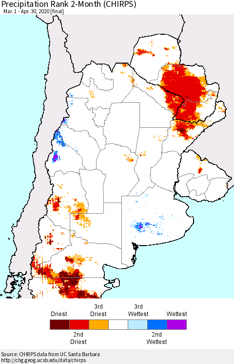 Southern South America Precipitation Rank since 1981, 2-Month (CHIRPS) Thematic Map For 3/1/2020 - 4/30/2020
