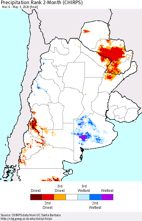 Southern South America Precipitation Rank since 1981, 2-Month (CHIRPS) Thematic Map For 3/6/2020 - 5/5/2020