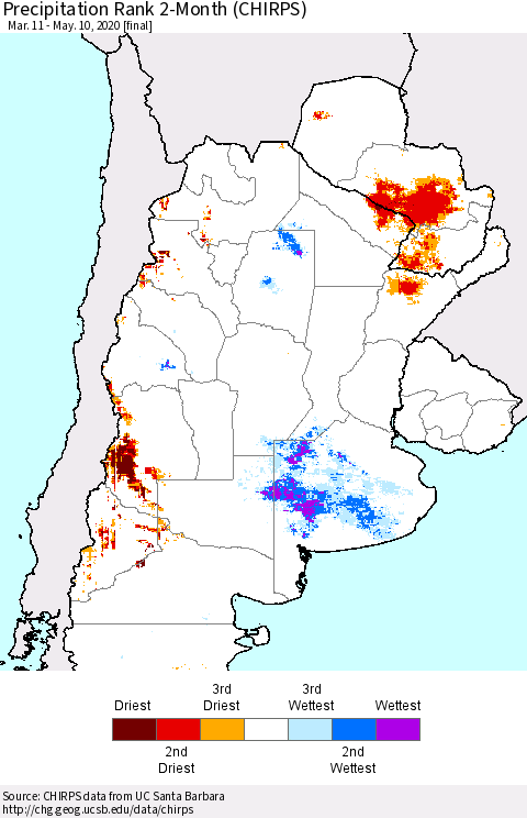 Southern South America Precipitation Rank since 1981, 2-Month (CHIRPS) Thematic Map For 3/11/2020 - 5/10/2020