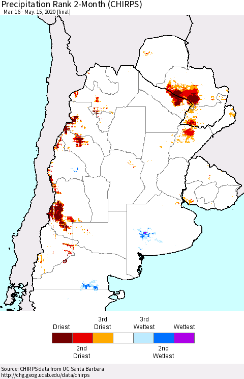 Southern South America Precipitation Rank since 1981, 2-Month (CHIRPS) Thematic Map For 3/16/2020 - 5/15/2020