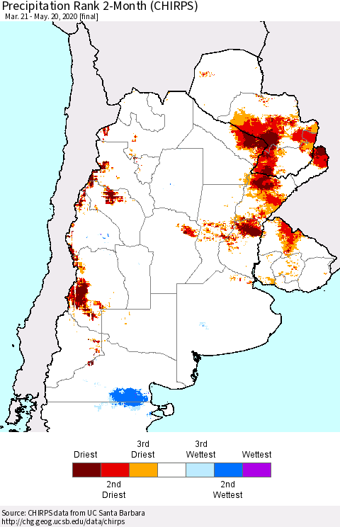 Southern South America Precipitation Rank since 1981, 2-Month (CHIRPS) Thematic Map For 3/21/2020 - 5/20/2020