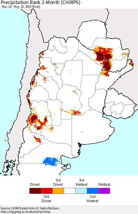 Southern South America Precipitation Rank since 1981, 2-Month (CHIRPS) Thematic Map For 3/26/2020 - 5/25/2020
