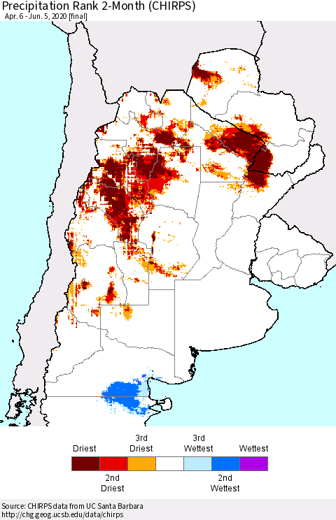 Southern South America Precipitation Rank since 1981, 2-Month (CHIRPS) Thematic Map For 4/6/2020 - 6/5/2020
