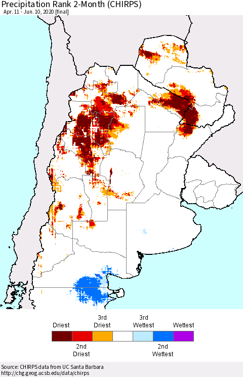 Southern South America Precipitation Rank since 1981, 2-Month (CHIRPS) Thematic Map For 4/11/2020 - 6/10/2020