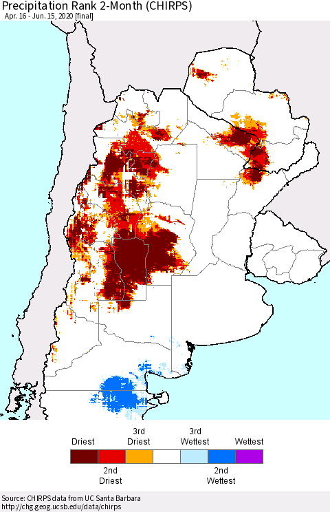 Southern South America Precipitation Rank since 1981, 2-Month (CHIRPS) Thematic Map For 4/16/2020 - 6/15/2020