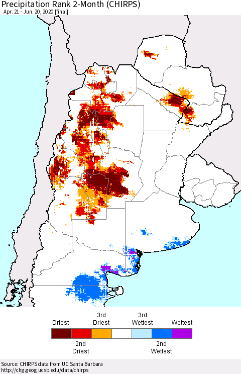 Southern South America Precipitation Rank since 1981, 2-Month (CHIRPS) Thematic Map For 4/21/2020 - 6/20/2020