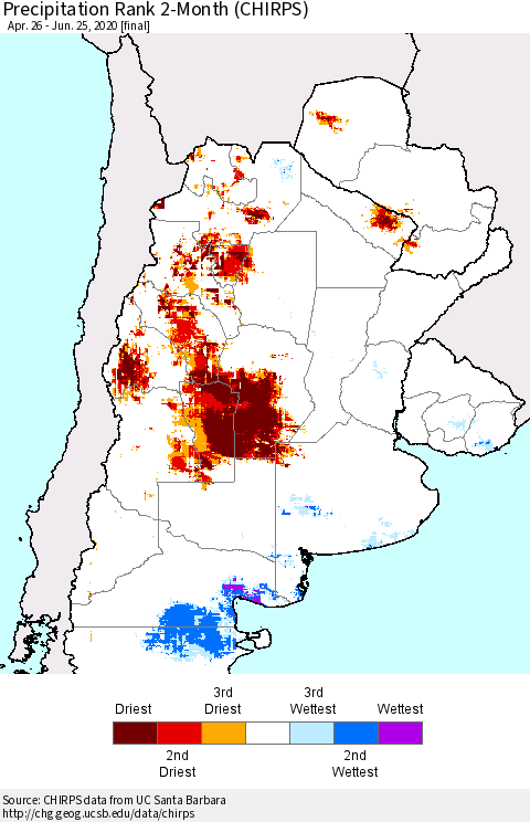 Southern South America Precipitation Rank since 1981, 2-Month (CHIRPS) Thematic Map For 4/26/2020 - 6/25/2020