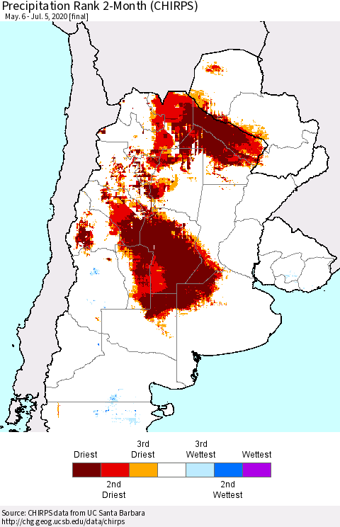 Southern South America Precipitation Rank since 1981, 2-Month (CHIRPS) Thematic Map For 5/6/2020 - 7/5/2020