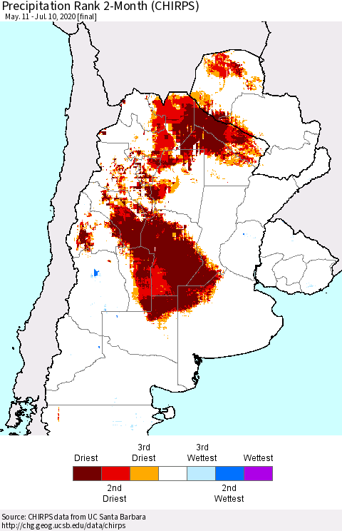 Southern South America Precipitation Rank since 1981, 2-Month (CHIRPS) Thematic Map For 5/11/2020 - 7/10/2020