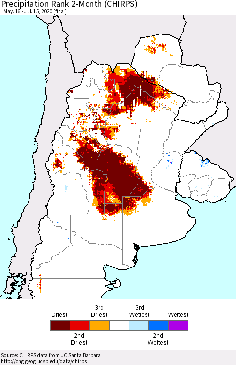 Southern South America Precipitation Rank since 1981, 2-Month (CHIRPS) Thematic Map For 5/16/2020 - 7/15/2020