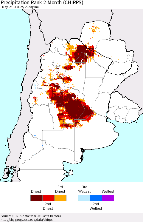 Southern South America Precipitation Rank since 1981, 2-Month (CHIRPS) Thematic Map For 5/26/2020 - 7/25/2020