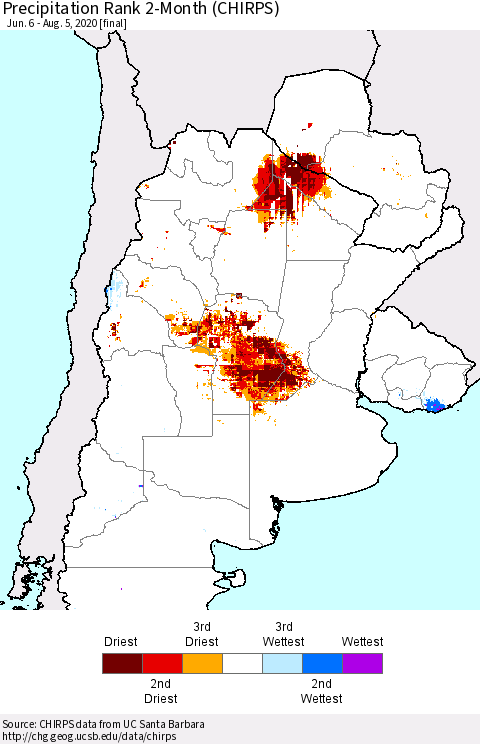 Southern South America Precipitation Rank since 1981, 2-Month (CHIRPS) Thematic Map For 6/6/2020 - 8/5/2020