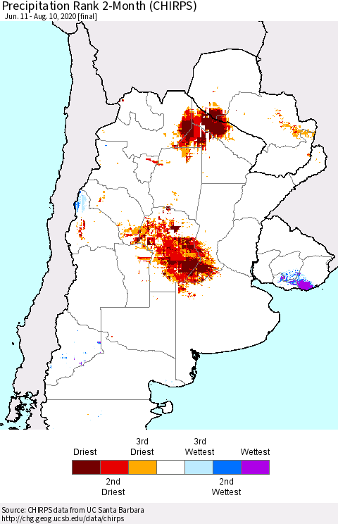 Southern South America Precipitation Rank since 1981, 2-Month (CHIRPS) Thematic Map For 6/11/2020 - 8/10/2020