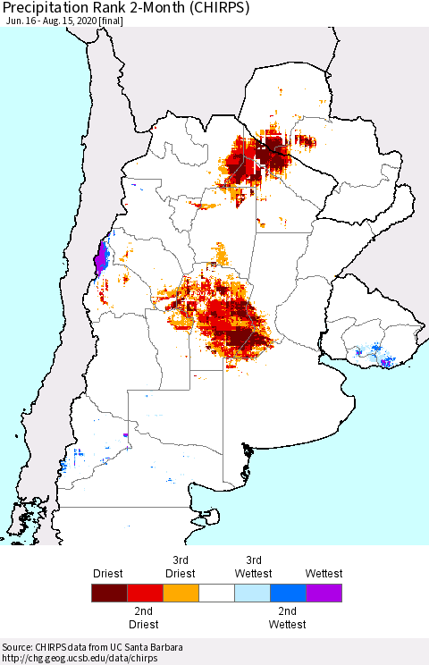 Southern South America Precipitation Rank since 1981, 2-Month (CHIRPS) Thematic Map For 6/16/2020 - 8/15/2020