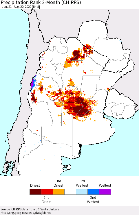 Southern South America Precipitation Rank since 1981, 2-Month (CHIRPS) Thematic Map For 6/21/2020 - 8/20/2020