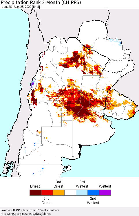 Southern South America Precipitation Rank since 1981, 2-Month (CHIRPS) Thematic Map For 6/26/2020 - 8/25/2020