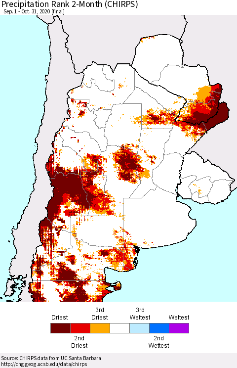 Southern South America Precipitation Rank since 1981, 2-Month (CHIRPS) Thematic Map For 9/1/2020 - 10/31/2020