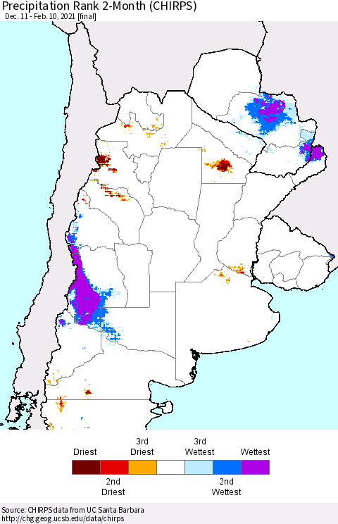 Southern South America Precipitation Rank since 1981, 2-Month (CHIRPS) Thematic Map For 12/11/2020 - 2/10/2021