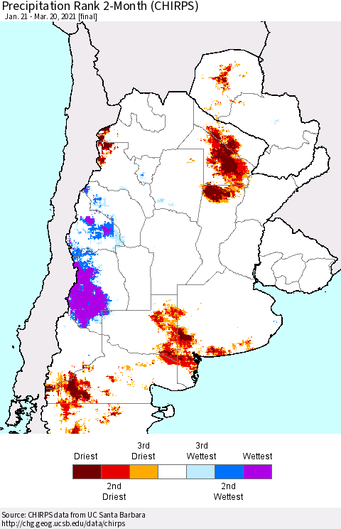Southern South America Precipitation Rank since 1981, 2-Month (CHIRPS) Thematic Map For 1/21/2021 - 3/20/2021