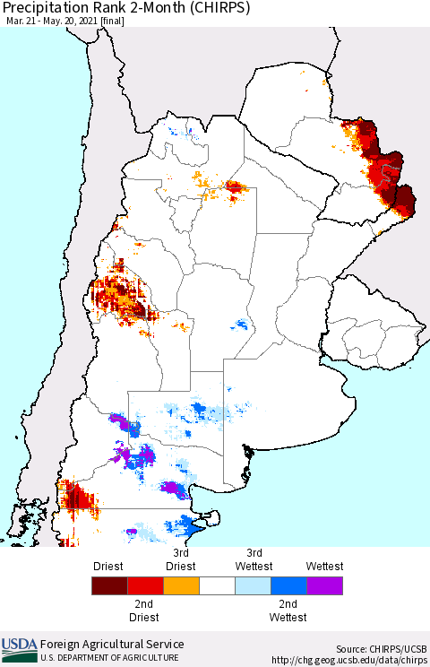 Southern South America Precipitation Rank since 1981, 2-Month (CHIRPS) Thematic Map For 3/21/2021 - 5/20/2021