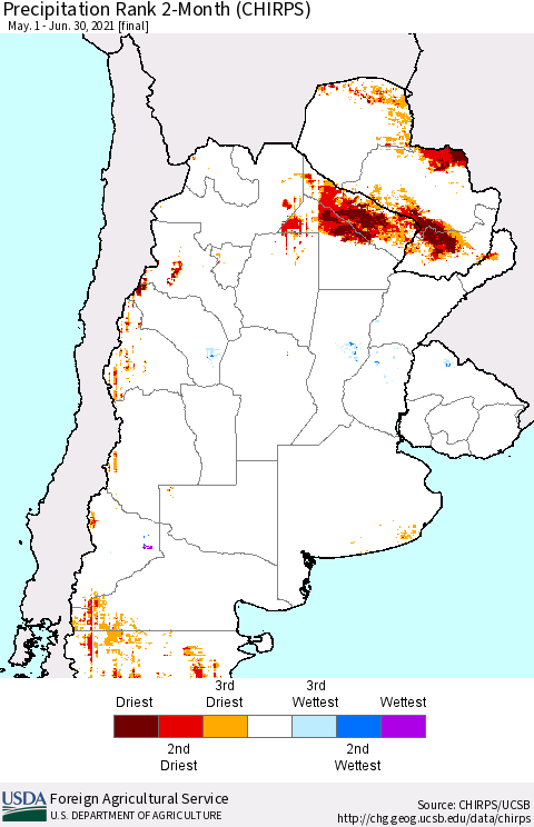 Southern South America Precipitation Rank 2-Month (CHIRPS) Thematic Map For 5/1/2021 - 6/30/2021
