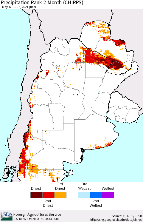 Southern South America Precipitation Rank 2-Month (CHIRPS) Thematic Map For 5/6/2021 - 7/5/2021