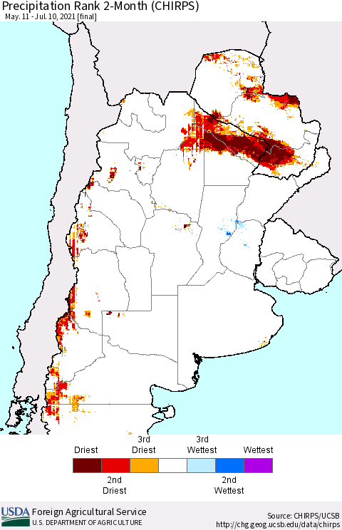 Southern South America Precipitation Rank since 1981, 2-Month (CHIRPS) Thematic Map For 5/11/2021 - 7/10/2021