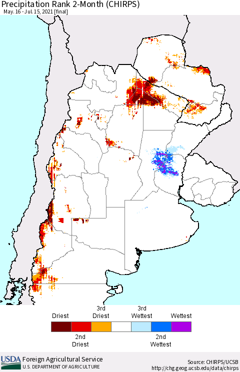 Southern South America Precipitation Rank 2-Month (CHIRPS) Thematic Map For 5/16/2021 - 7/15/2021