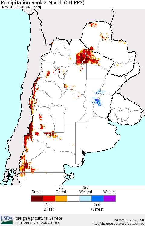 Southern South America Precipitation Rank since 1981, 2-Month (CHIRPS) Thematic Map For 5/21/2021 - 7/20/2021