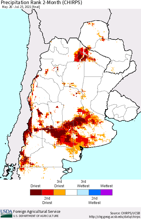 Southern South America Precipitation Rank 2-Month (CHIRPS) Thematic Map For 5/26/2021 - 7/25/2021