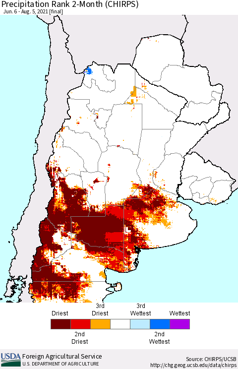 Southern South America Precipitation Rank 2-Month (CHIRPS) Thematic Map For 6/6/2021 - 8/5/2021