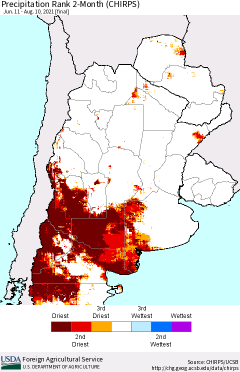 Southern South America Precipitation Rank 2-Month (CHIRPS) Thematic Map For 6/11/2021 - 8/10/2021